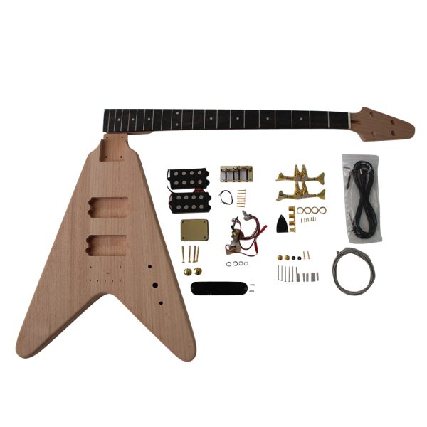 Electric Bass Guitar DIY Kit V Bass Mahogany Body Gold Fittings NON Soldering