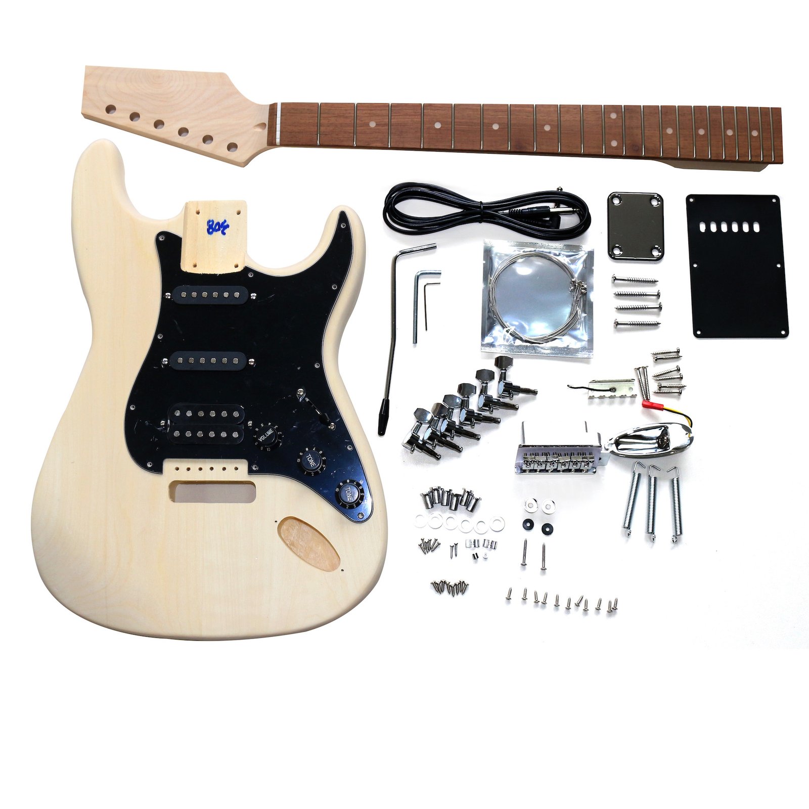 DIY ST Beginner Guitar Kit | Basswood Body with Laurel Fingerboard | Chrome Hardware & HSS Pickup | Black Pickguard
