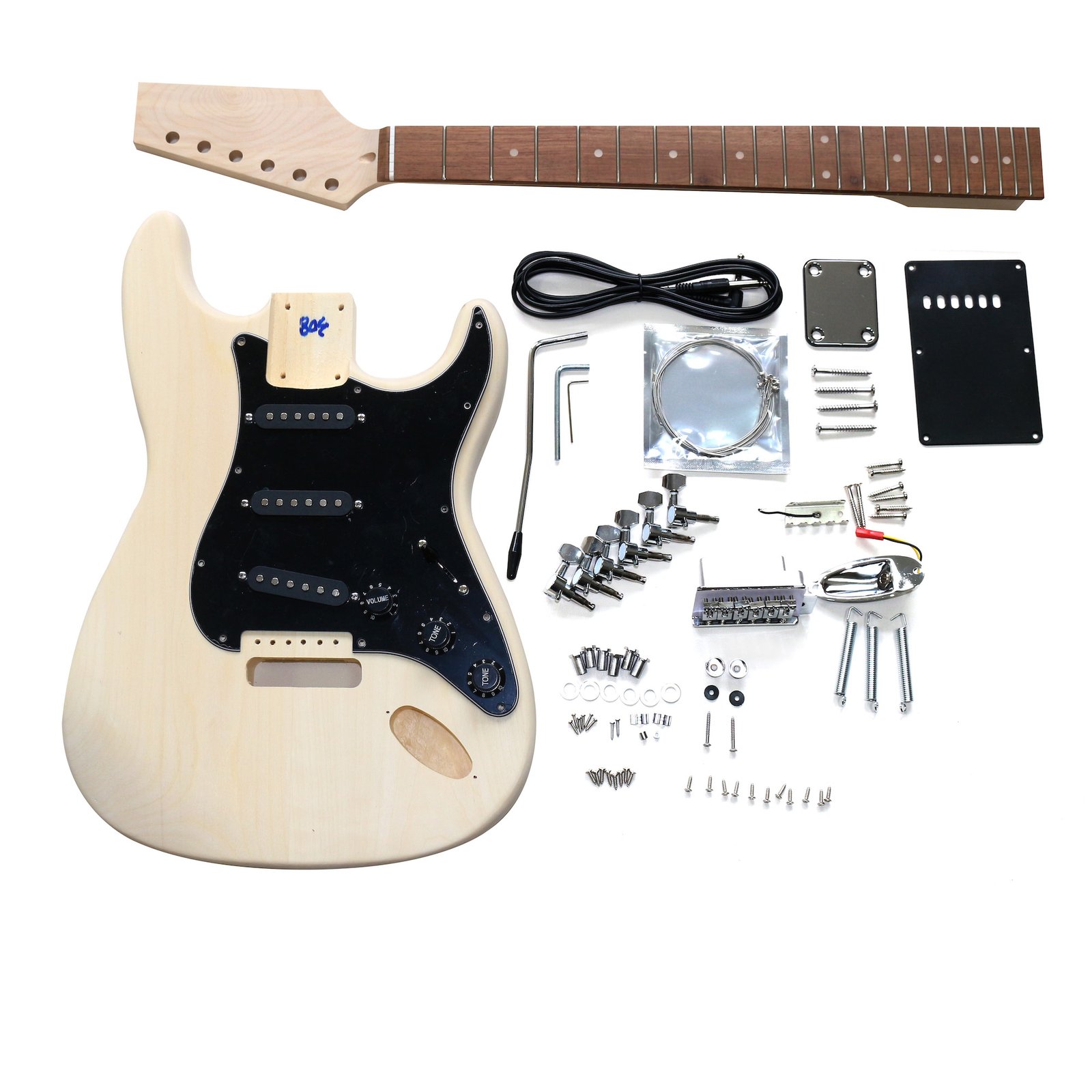 DIY ST Beginner Guitar Kit | Basswood Body with Laurel Fingerboard | Chrome Hardware & SSS Pickup | Black Pickguard