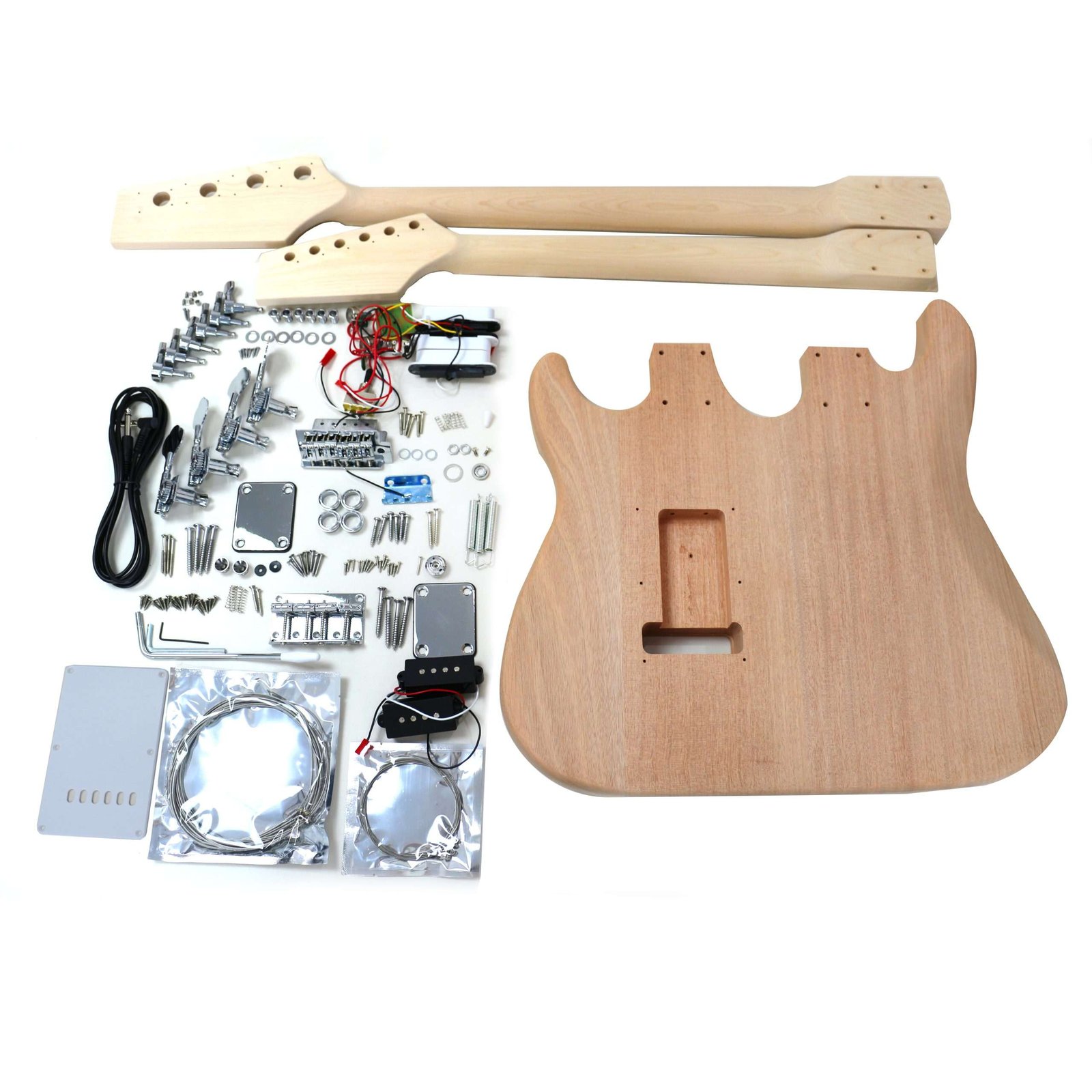 DIY Double Neck ST Guitar & Bass Kit | Mahogany Body | Ebony Fingerboard, White Pick guard, Chrome Hardware - Image 11